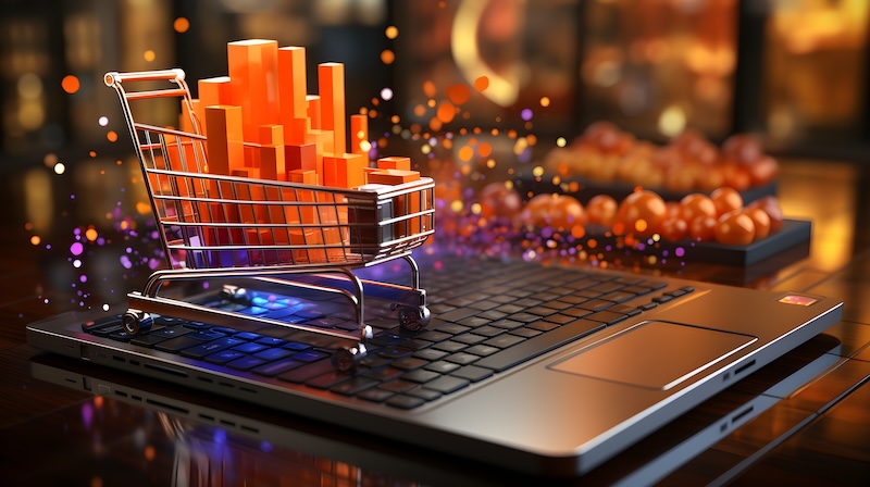 A miniature shopping cart filled with orange bar graphs rests on an open laptop keyboard. In the background, blurred images of fruits and a warm, cozy ambiance evoke the intersection of online shopping and data analysis. The scene subtly hints at the influence of Google review bots in shaping consumer feedback.