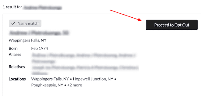 A website page displays a search result with blurred personal details and a highlighted "Proceed to Opt Out" button for the been verified opt out process, indicated by a red arrow.